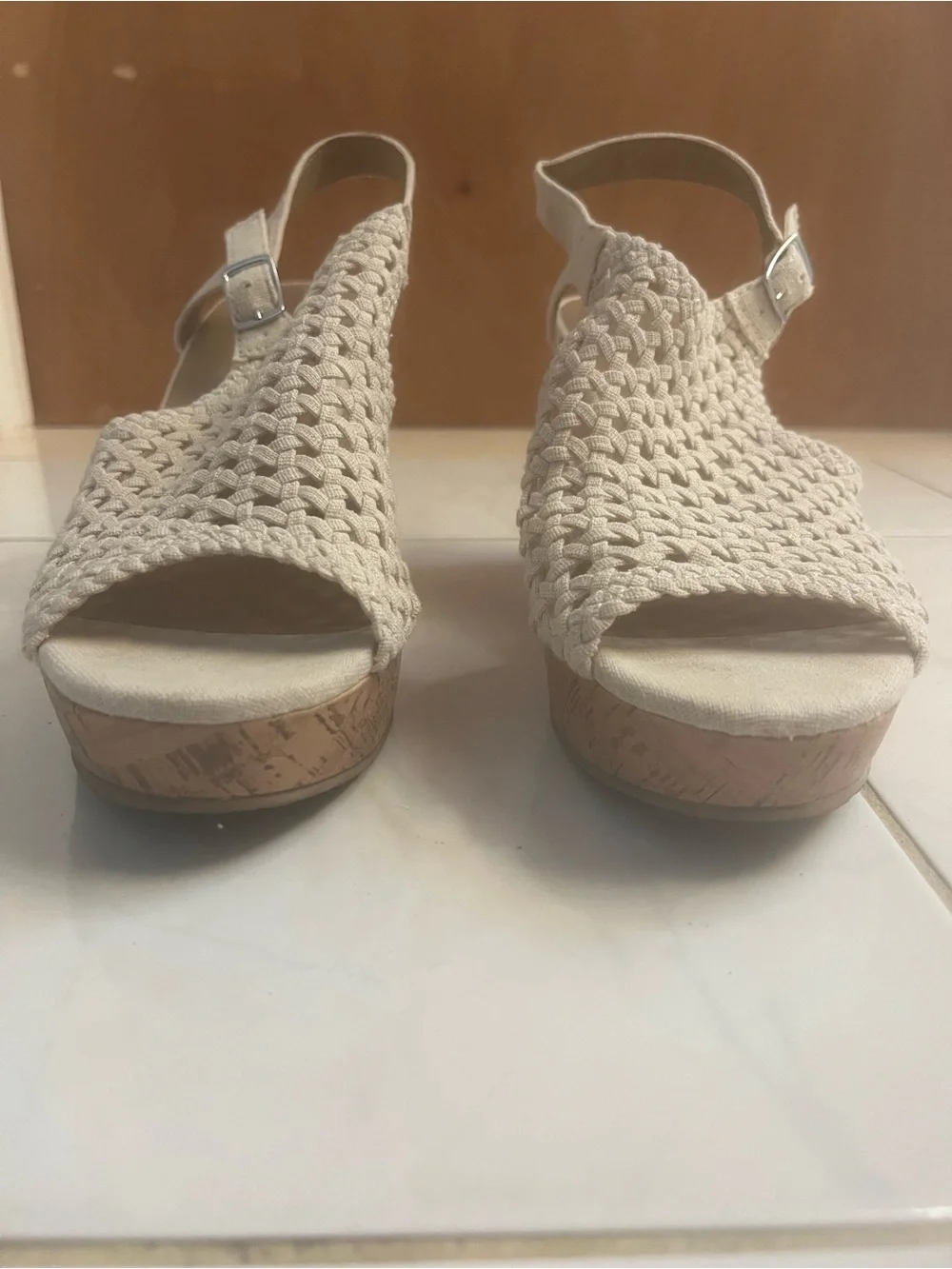 SO Women’s Cream Woven Slingback Open Toe Wedge Sandals